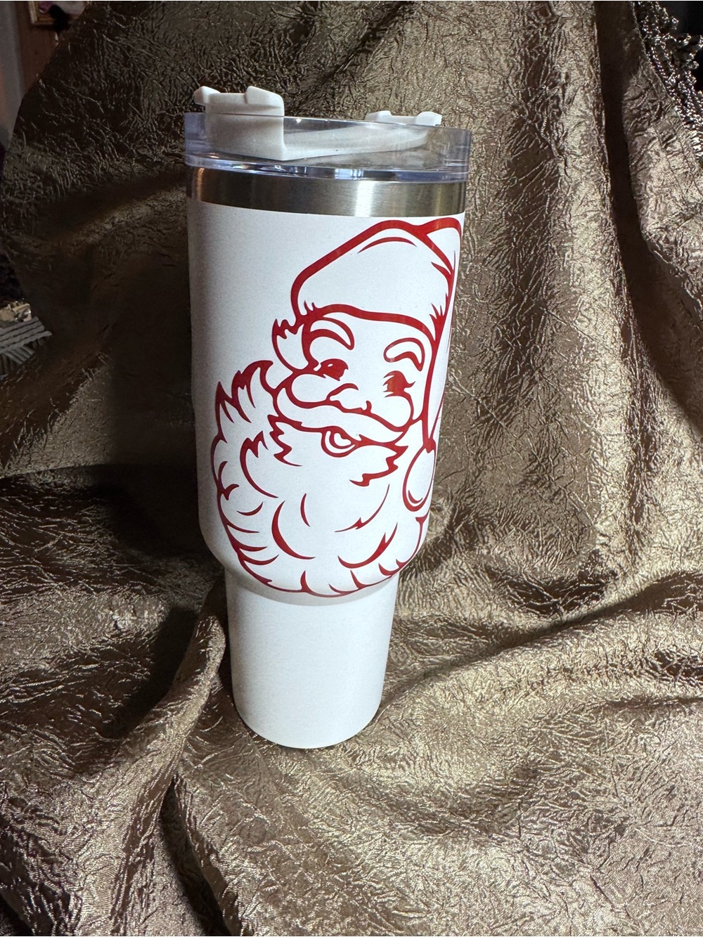 White Tumbler with Red Santa Graphic